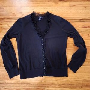 Chaps Black Ruffle Button Up Sweater L